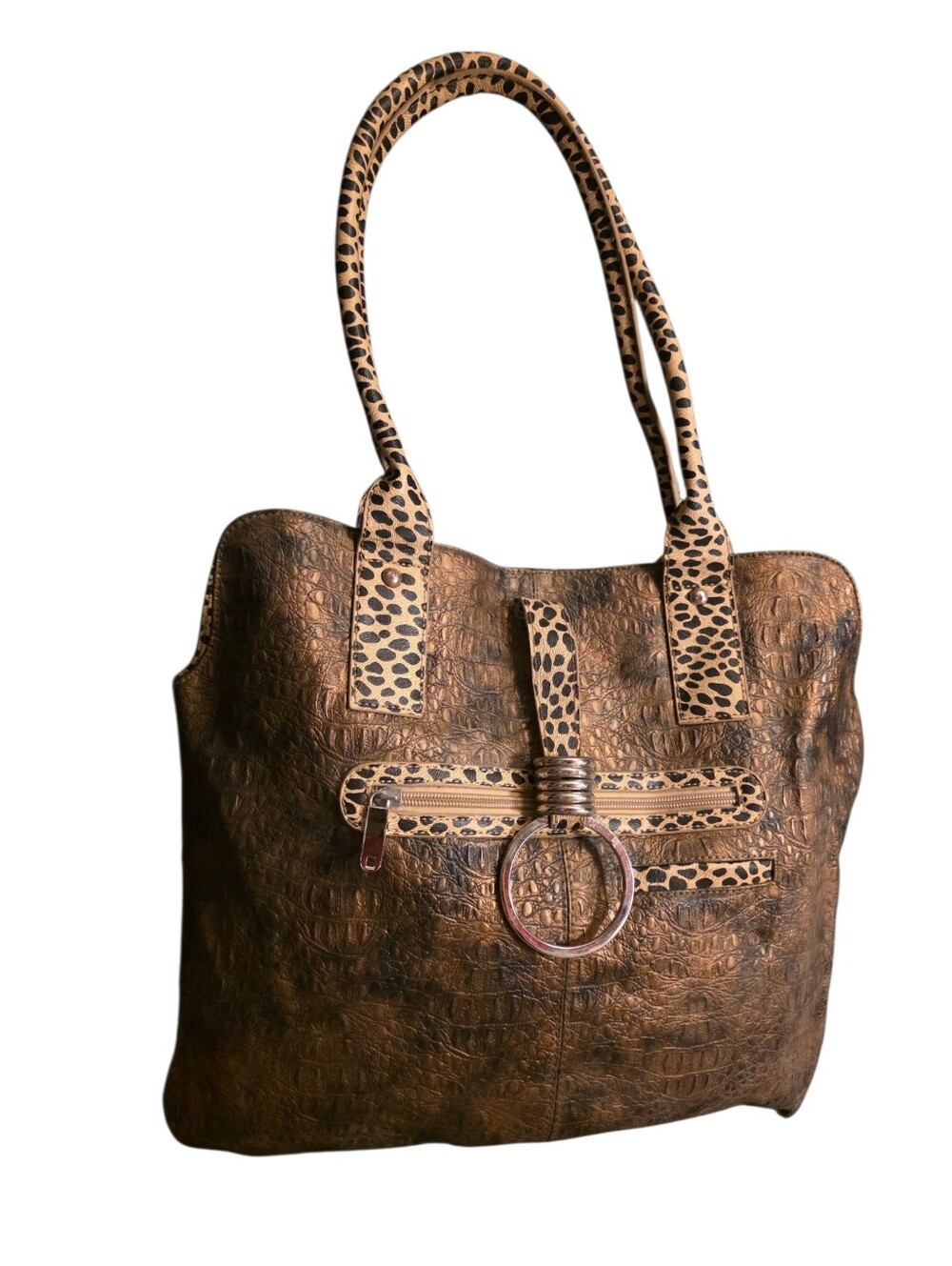 Vtg Y2K Marc Chantal Cheetah Print Rhinestone Croc Embossed Shoulder Bag EUC